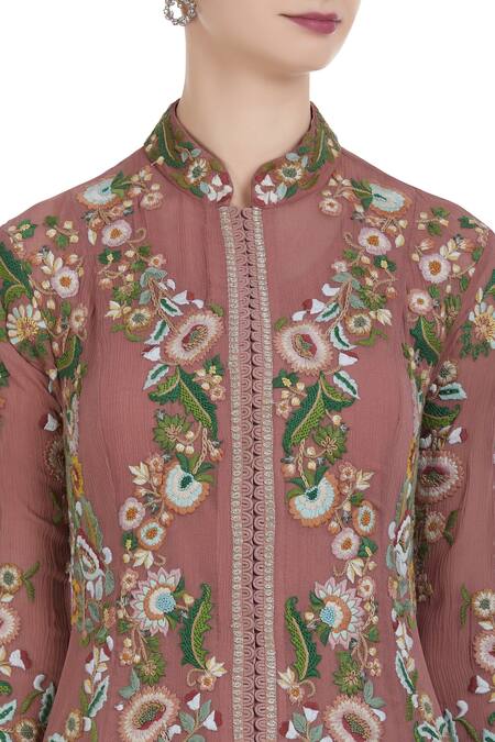 Petticoat Lane By Divya Pink Chiffon Silk Embroidered Thread Work Floral Hand Jacket Skirt Set at Aza Fashions Petticoat Lane By Divya_Pink Chiffon Silk Embroidered Thread Work Floral Hand Jacket Skirt Set _at_Aza_Fashions