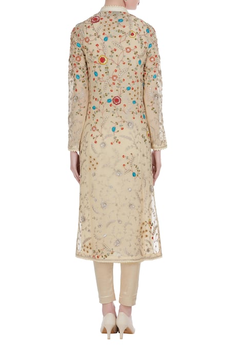 Shop Petticoat Lane By Divya Beige Chiffon Silk Embroidered Thread Floral Jacket-style Kurta With Leggings at Aza Fashions Shop_Petticoat Lane By Divya_Beige Chiffon Silk Embroidered Thread Floral Jacket-style Kurta With Leggings _at_Aza_Fashions