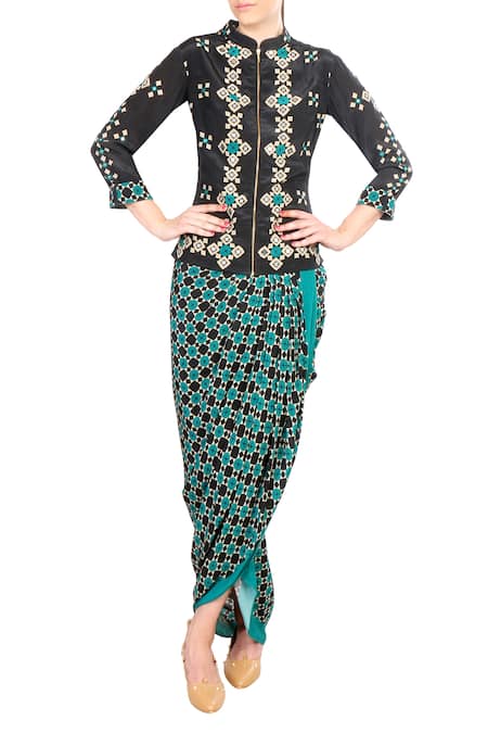 Soup By Sougat Paul Black crepe silk mirror work blouse with draped skirt 