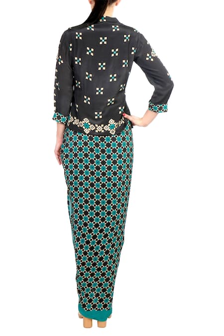 Soup By Sougat Paul Black crepe silk mirror work blouse with draped skirt 