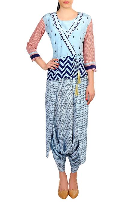 Soup By Sougat Paul_Blue Crepe Silk Chevron, Geometric Motifs Printed Peplum Top And Dhoti Jumpsuit _Online_at_Aza_Fashions