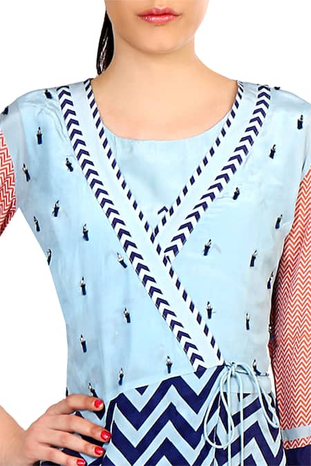 Buy_Soup By Sougat Paul_Blue Crepe Silk Chevron, Geometric Motifs Printed Peplum Top And Dhoti Jumpsuit _Online_at_Aza_Fashions