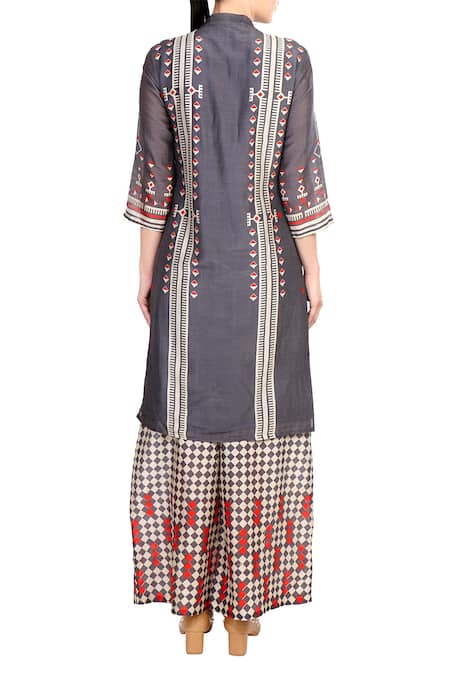 Shop Soup By Sougat Paul Grey Mandarin Collar Printed Chanderi Kurta With Palazzos at Aza Fashions Shop_Soup By Sougat Paul_Grey Mandarin Collar Printed Chanderi Kurta With Palazzos _at_Aza_Fashions