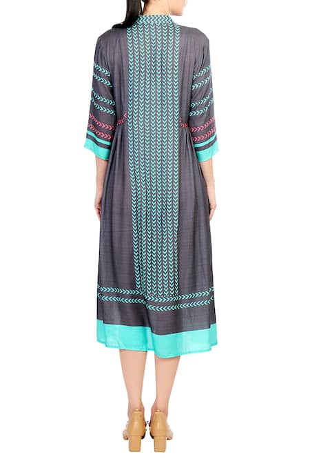 Shop Soup By Sougat Paul Blue Crepe Silk Geometric Motifs Round Neck Printed Midi Dress at Aza Fashions Shop_Soup By Sougat Paul_Blue Crepe Silk Geometric Motifs Round Neck Printed Midi Dress _at_Aza_Fashions