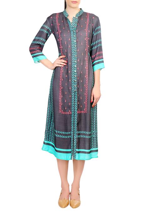 Soup By Sougat Paul Blue Crepe Silk Geometric Motifs Round Neck Printed Midi Dress Online at Aza Fashions Soup By Sougat Paul_Blue Crepe Silk Geometric Motifs Round Neck Printed Midi Dress _Online_at_Aza_Fashions