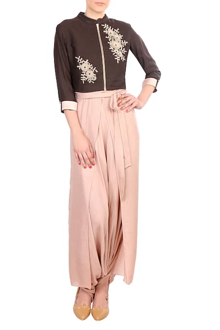 Soup By Sougat Paul Brown Blend, Crepe Floral Motifs Embroidered Blouse And Dhoti Pant Set Online at Aza Fashions Soup By Sougat Paul_Brown Blend, Crepe Floral Motifs Embroidered Blouse And Dhoti Pant Set _Online_at_Aza_Fashions