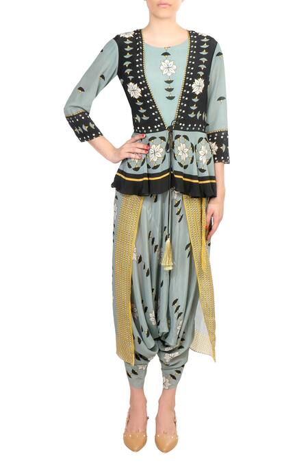 Soup By Sougat Paul_Grey Crepe Silk Floral, Geometric Motifs V Neck Printed Jumpsuit With Jacket _Online_at_Aza_Fashions