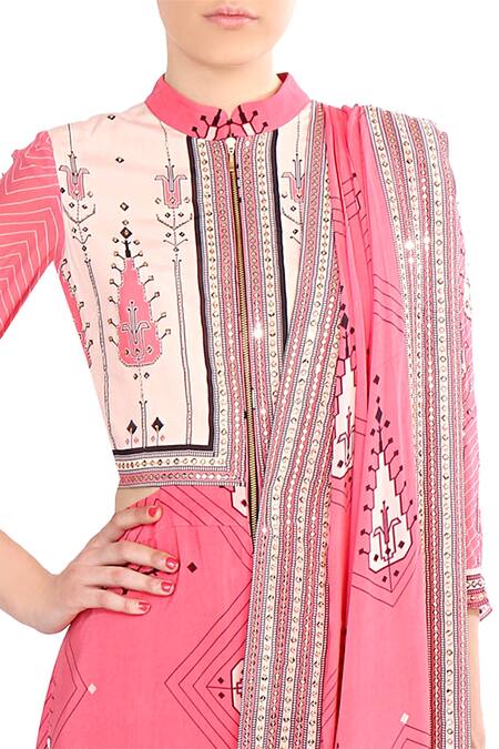 Buy_Soup by Sougat Paul_Pink Crepe Silk Abstract Mandarin Collar Pre-draped Printed Saree _Online_at_Aza_Fashions