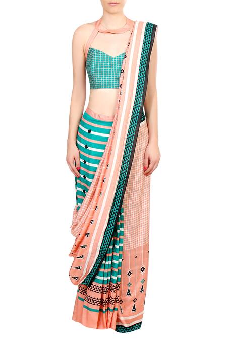 Soup By Sougat Paul Blue Tussar Silk Striped, Checks And Pink Printed Saree Online at Aza Fashions Soup By Sougat Paul_Blue Tussar Silk Striped, Checks And Pink Printed Saree _Online_at_Aza_Fashions