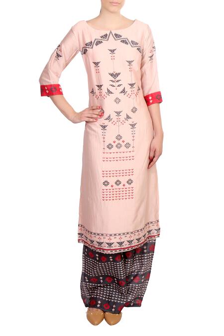 Soup By Sougat Paul Pink Boat Neck Printed Chanderi Kurta With Palazzos Online at Aza Fashions Soup By Sougat Paul_Pink Boat Neck Printed Chanderi Kurta With Palazzos _Online_at_Aza_Fashions