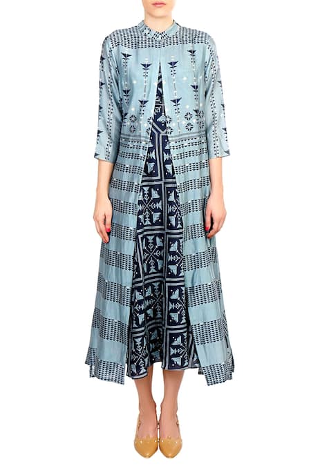 Soup By Sougat Paul_Blue Chanderi Jacket Dress _Online_at_Aza_Fashions