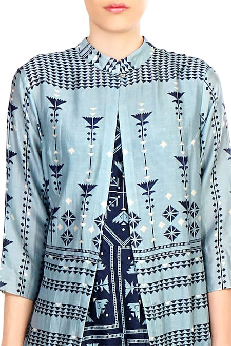 Buy_Soup By Sougat Paul_Blue Chanderi Jacket Dress _Online_at_Aza_Fashions