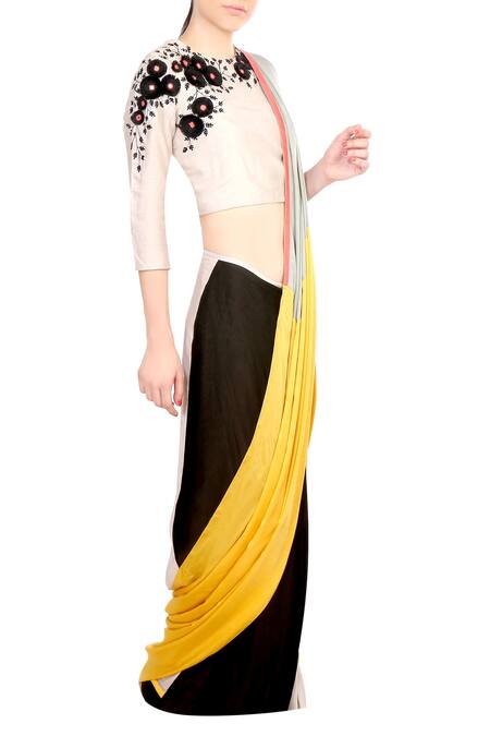 Soup By Sougat Paul_Black Silk, Satin Blend Yellow And Color Block Saree _Online_at_Aza_Fashions