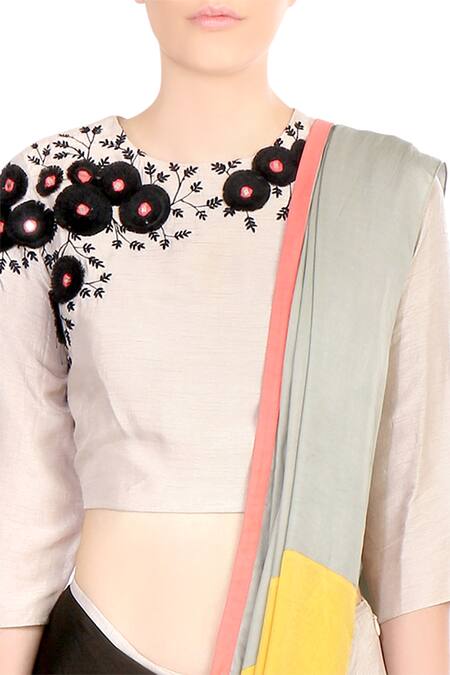 Buy_Soup By Sougat Paul_Black Silk, Satin Blend Yellow And Color Block Saree _Online_at_Aza_Fashions