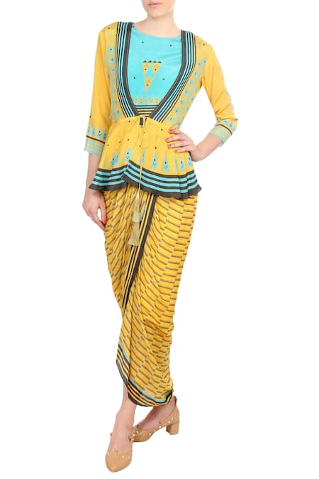 Soup by Sougat Paul Yellow Crepe Silk Printed Geometric Round Neck Jumpsuit With Jacket  