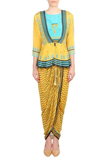 Soup By Sougat Paul_Yellow Crepe Silk Geometric, Stripes Round Neck Printed Jumpsuit With Jacket _Online_at_Aza_Fashions