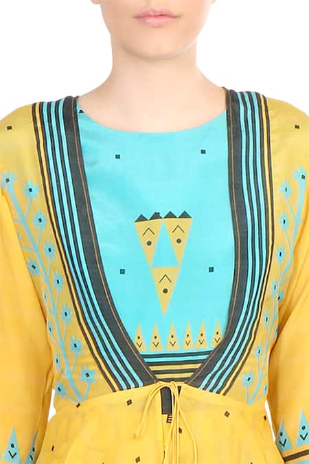 Buy_Soup By Sougat Paul_Yellow Crepe Silk Geometric, Stripes Round Neck Printed Jumpsuit With Jacket _Online_at_Aza_Fashions