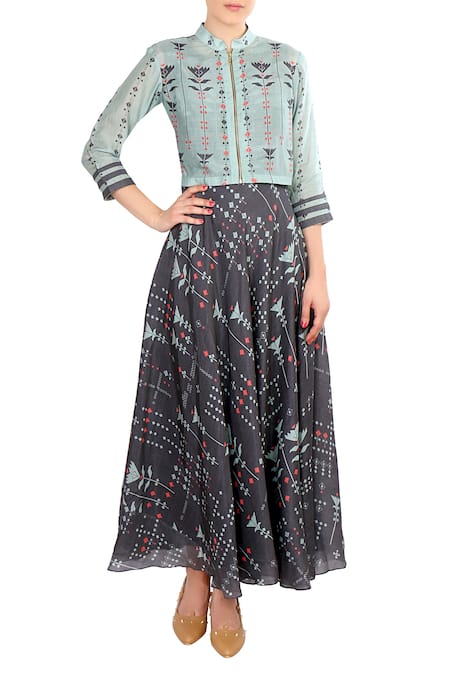 Soup By Sougat Paul Blue & grey all over printed cotton silk jacket dress 