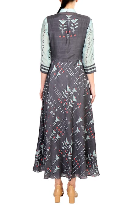 Soup By Sougat Paul Blue & grey all over printed cotton silk jacket dress 