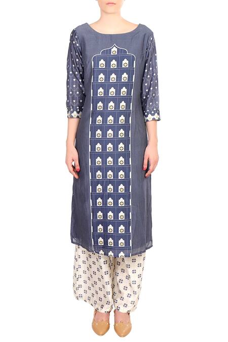Soup By Sougat Paul Blue Asymmetric Chanderi Printed Kurta With Palazzos Online at Aza Fashions Soup By Sougat Paul_Blue Asymmetric Chanderi Printed Kurta With Palazzos _Online_at_Aza_Fashions