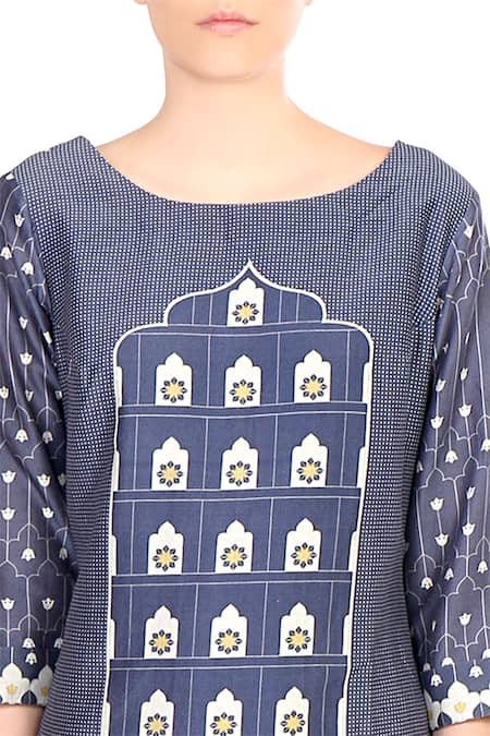 Buy Soup By Sougat Paul Blue Asymmetric Chanderi Printed Kurta With Palazzos Online at Aza Fashions Buy_Soup By Sougat Paul_Blue Asymmetric Chanderi Printed Kurta With Palazzos _Online_at_Aza_Fashions
