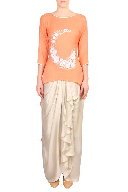 Soup By Sougat Paul_Orange Blend, Crepe Floral Asymmetrical Kurta And Draped Skirt Set _Online_at_Aza_Fashions