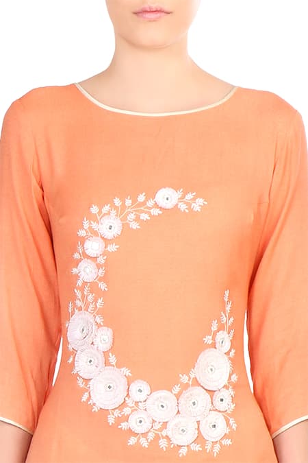 Buy_Soup By Sougat Paul_Orange Blend, Crepe Floral Asymmetrical Kurta And Draped Skirt Set _Online_at_Aza_Fashions