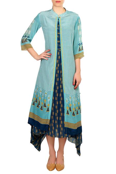 Soup By Sougat Paul Blue Crepe Silk Chequered Mandarin Collar Printed Asymmetric Dress Online at Aza Fashions Soup By Sougat Paul_Blue Crepe Silk Chequered Mandarin Collar Printed Asymmetric Dress _Online_at_Aza_Fashions