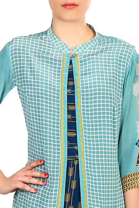 Buy Soup By Sougat Paul Blue Crepe Silk Chequered Mandarin Collar Printed Asymmetric Dress Online at Aza Fashions Buy_Soup By Sougat Paul_Blue Crepe Silk Chequered Mandarin Collar Printed Asymmetric Dress _Online_at_Aza_Fashions