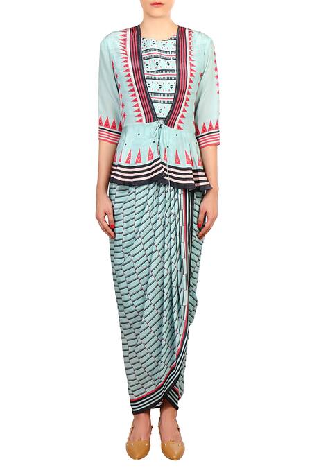 Soup By Sougat Paul_Blue Crepe Silk Geometric Motifs, Stripes Round Printed Peplum Dhoti Jumpsuit _Online_at_Aza_Fashions