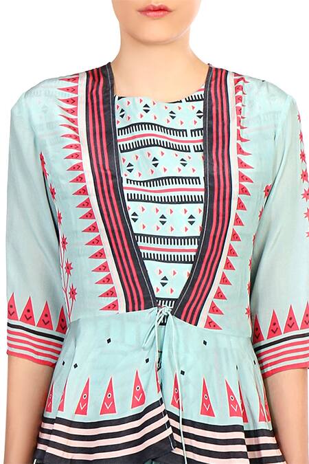 Buy_Soup By Sougat Paul_Blue Crepe Silk Geometric Motifs, Stripes Round Printed Peplum Dhoti Jumpsuit _Online_at_Aza_Fashions