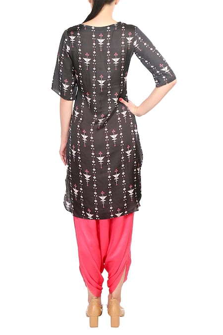 Shop Soup By Sougat Paul Black Satin Blend Geometric Motifs Round Neck Printed Kurta And Dhoti Pant Set at Aza Fashions Shop_Soup By Sougat Paul_Black Satin Blend Geometric Motifs Round Neck Printed Kurta And Dhoti Pant Set _at_Aza_Fashions