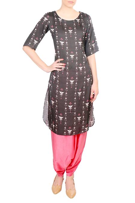 Soup By Sougat Paul Black Satin Blend Geometric Motifs Round Neck Printed Kurta And Dhoti Pant Set Online at Aza Fashions Soup By Sougat Paul_Black Satin Blend Geometric Motifs Round Neck Printed Kurta And Dhoti Pant Set _Online_at_Aza_Fashions