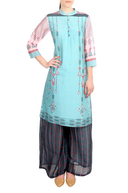 Soup By Sougat Paul Blue Mandarin Collar Printed Chanderi Kurta With Palazzos Online at Aza Fashions Soup By Sougat Paul_Blue Mandarin Collar Printed Chanderi Kurta With Palazzos _Online_at_Aza_Fashions
