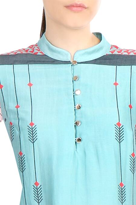 Buy Soup By Sougat Paul Blue Mandarin Collar Printed Chanderi Kurta With Palazzos Online at Aza Fashions Buy_Soup By Sougat Paul_Blue Mandarin Collar Printed Chanderi Kurta With Palazzos _Online_at_Aza_Fashions
