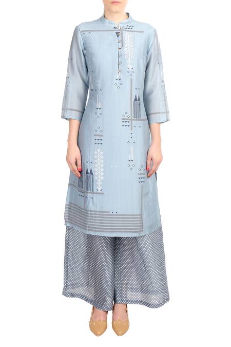 Soup By Sougat Paul Blue Mandarin Collar Printed Layered Chanderi Kurta With Palazzos Online at Aza Fashions Soup By Sougat Paul_Blue Mandarin Collar Printed Layered Chanderi Kurta With Palazzos _Online_at_Aza_Fashions