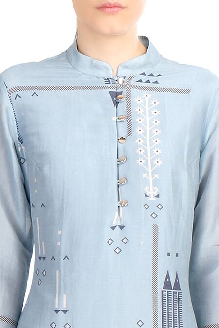 Buy Soup By Sougat Paul Blue Mandarin Collar Printed Layered Chanderi Kurta With Palazzos Online at Aza Fashions Buy_Soup By Sougat Paul_Blue Mandarin Collar Printed Layered Chanderi Kurta With Palazzos _Online_at_Aza_Fashions