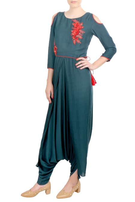 Soup By Sougat Paul Green Crepe Silk Floral Motifs Round Neck Embroidered Layered Jumpsuit 