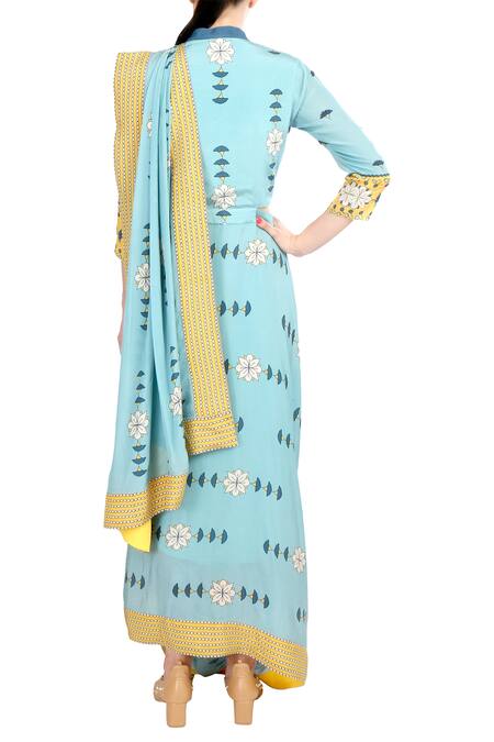 Shop_Soup by Sougat Paul_Blue Crepe Silk Floral Mandarin Collar Pre-draped Printed Saree _at_Aza_Fashions