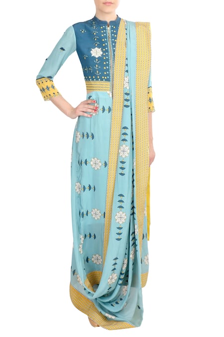 Soup by Sougat Paul_Blue Crepe Silk Floral Mandarin Collar Pre-draped Printed Saree _Online_at_Aza_Fashions