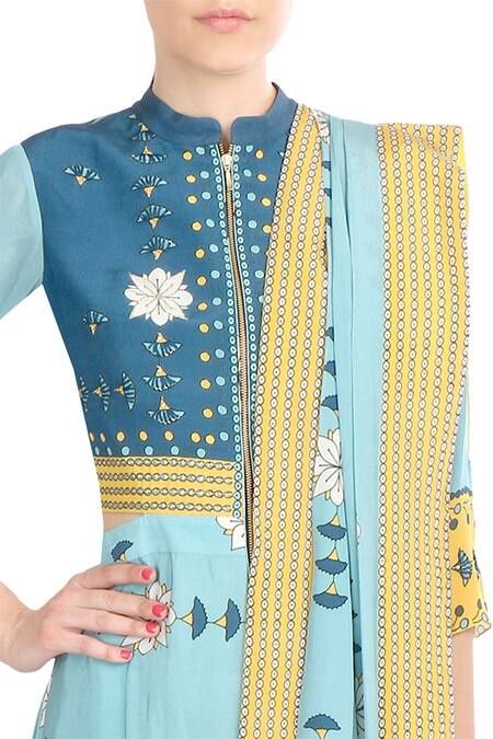 Buy_Soup by Sougat Paul_Blue Crepe Silk Floral Mandarin Collar Pre-draped Printed Saree _Online_at_Aza_Fashions
