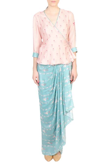 Soup By Sougat Paul Blue Chanderi V Neck Printed Draped Skirt Set Online at Aza Fashions Soup By Sougat Paul_Blue Chanderi V Neck Printed Draped Skirt Set _Online_at_Aza_Fashions