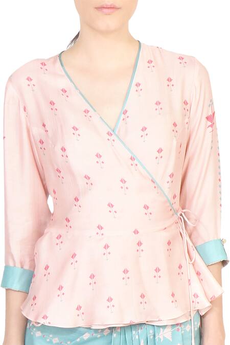 Buy Soup By Sougat Paul Blue Chanderi V Neck Printed Draped Skirt Set Online at Aza Fashions Buy_Soup By Sougat Paul_Blue Chanderi V Neck Printed Draped Skirt Set _Online_at_Aza_Fashions