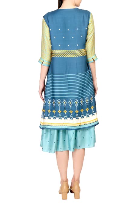 Soup By Sougat Paul Blue tussar front open jacket with dress 