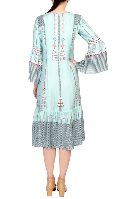 Soup By Sougat Paul Blue cotton printed midi dress with bell sleeves 