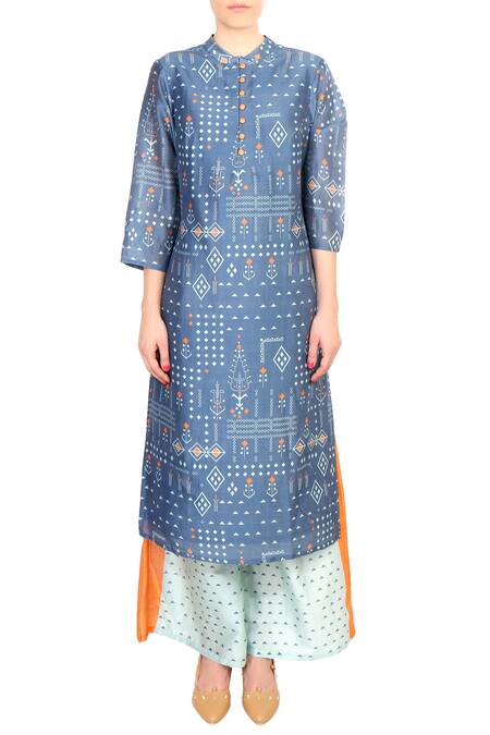 Soup By Sougat Paul Blue Round Chanderi Printed Kurta With Palazzos Online at Aza Fashions Soup By Sougat Paul_Blue Round Chanderi Printed Kurta With Palazzos _Online_at_Aza_Fashions