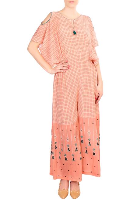 Soup By Sougat Paul_Peach Crepe Silk Geometric Motifs, Checks Cold Shoulder Printed Jumpsuit _Online_at_Aza_Fashions