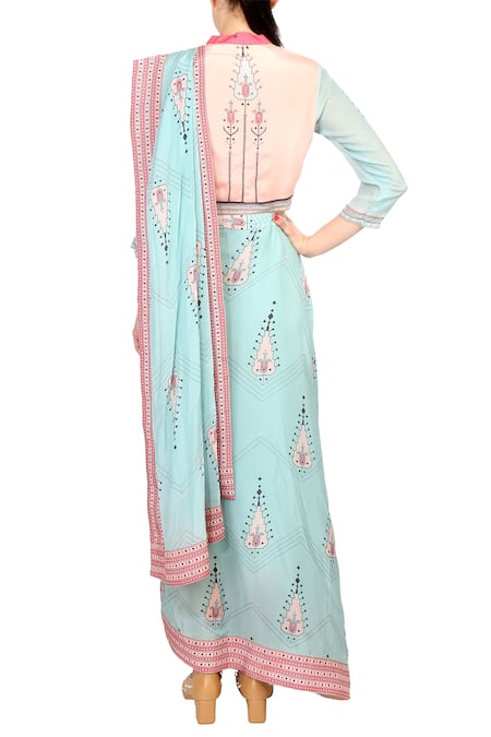 Shop_Soup by Sougat Paul_Blue Crepe Silk Printed Abstract Mandarin Collar Pre-draped Saree _at_Aza_Fashions