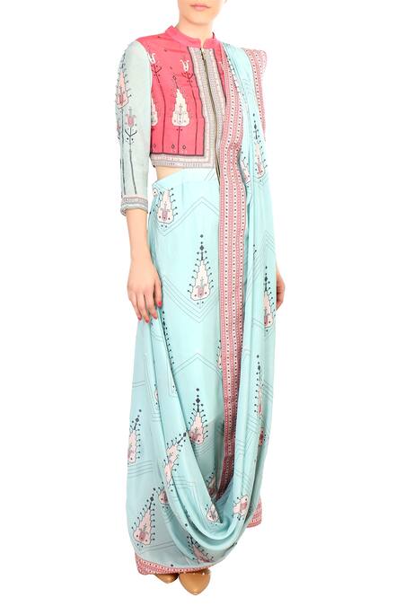 Soup by Sougat Paul_Blue Crepe Silk Printed Abstract Mandarin Collar Pre-draped Saree _Online_at_Aza_Fashions
