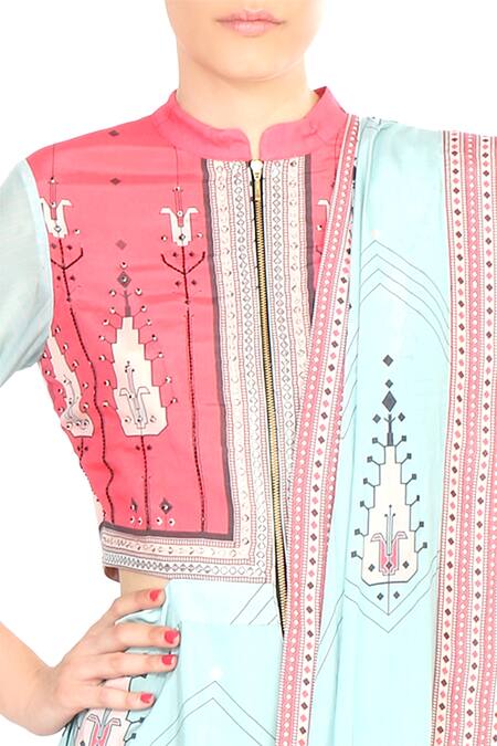 Buy_Soup by Sougat Paul_Blue Crepe Silk Printed Abstract Mandarin Collar Pre-draped Saree _Online_at_Aza_Fashions